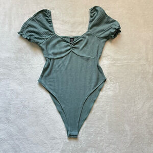 Ribbed Milkmaid Puff Sleeved Light Teal Bodysuit Size Large